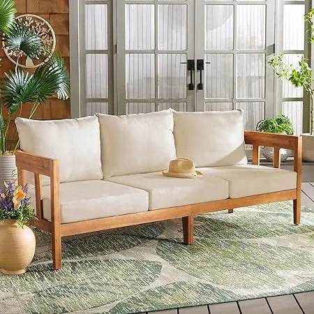 Natural Teak Wood Outdoor 3-Seater Sofa With Cushions - Omega Lifestyles