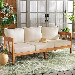 Natural Teak Wood Outdoor 3-Seater Sofa With Cushions - Omega Lifestyles