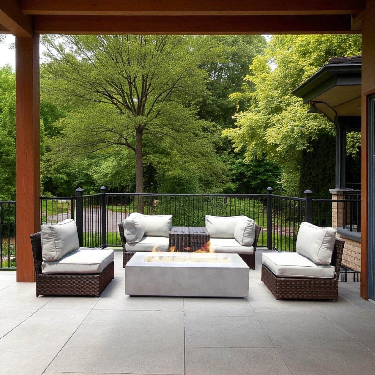 Outdoor 7 - Piece Wicker Sofa Set With Cushions Fire Pit - Restanew - Omega Lifestyles