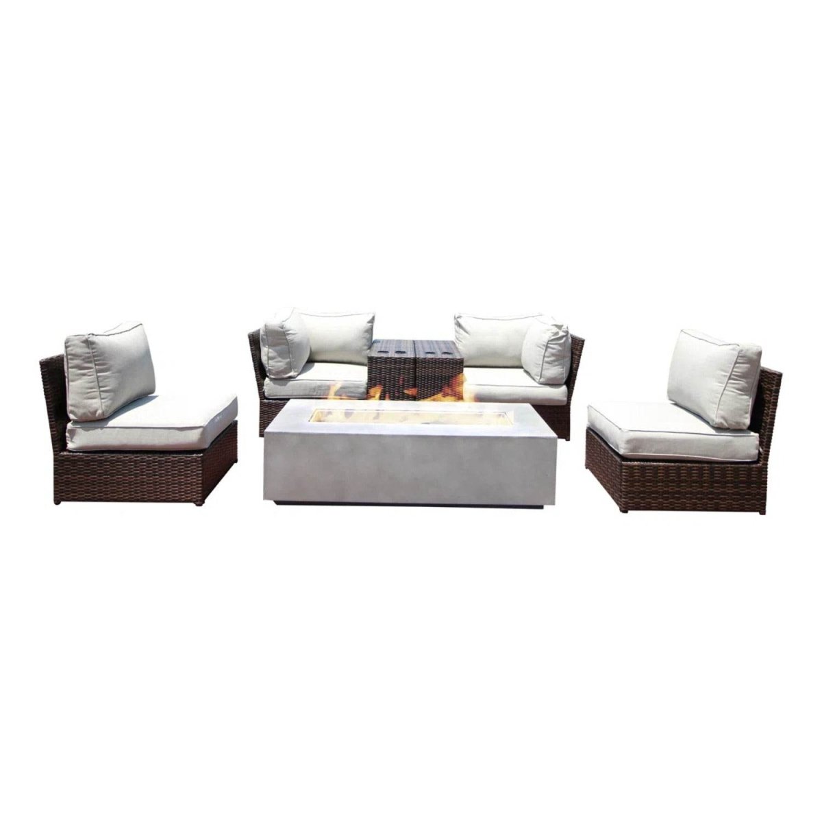 Outdoor 7 - Piece Wicker Sofa Set With Cushions Fire Pit - Restanew - Omega Lifestyles