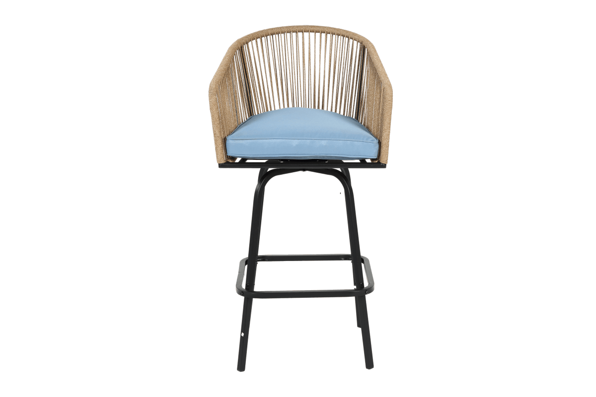 Outdoor Bar Stools Set Of 2 Steel Frame Blue Cushioned Chairs - Restanew - Omega Lifestyles