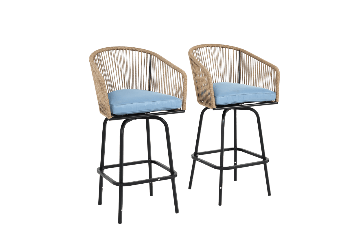 Outdoor Bar Stools Set Of 2 Steel Frame Blue Cushioned Chairs - Restanew - Omega Lifestyles
