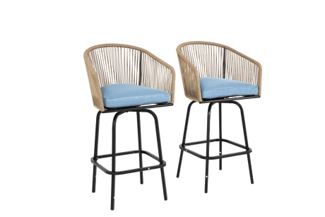 Outdoor Bar Stools Set Of 2 Steel Frame Blue Cushioned Chairs - Restanew - Omega Lifestyles