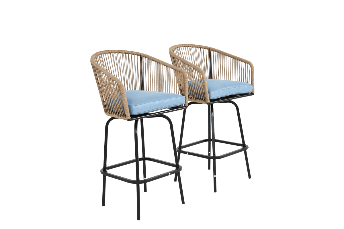Outdoor Bar Stools Set Of 2 Steel Frame Blue Cushioned Chairs - Restanew - Omega Lifestyles