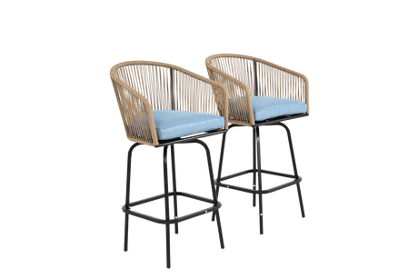 Outdoor Bar Stools Set Of 2 Steel Frame Blue Cushioned Chairs - Restanew - Omega Lifestyles