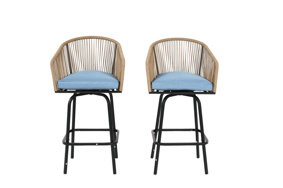 Outdoor Bar Stools Set Of 2 Steel Frame Blue Cushioned Chairs - Restanew - Omega Lifestyles