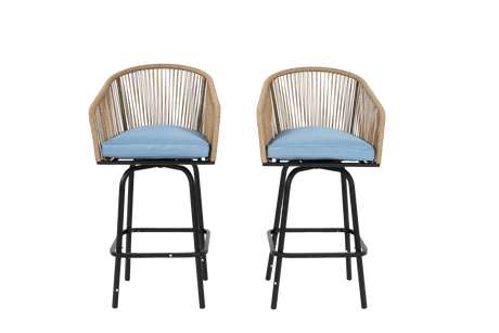 Outdoor Bar Stools Set Of 2 Steel Frame Blue Cushioned Chairs - Restanew - Omega Lifestyles