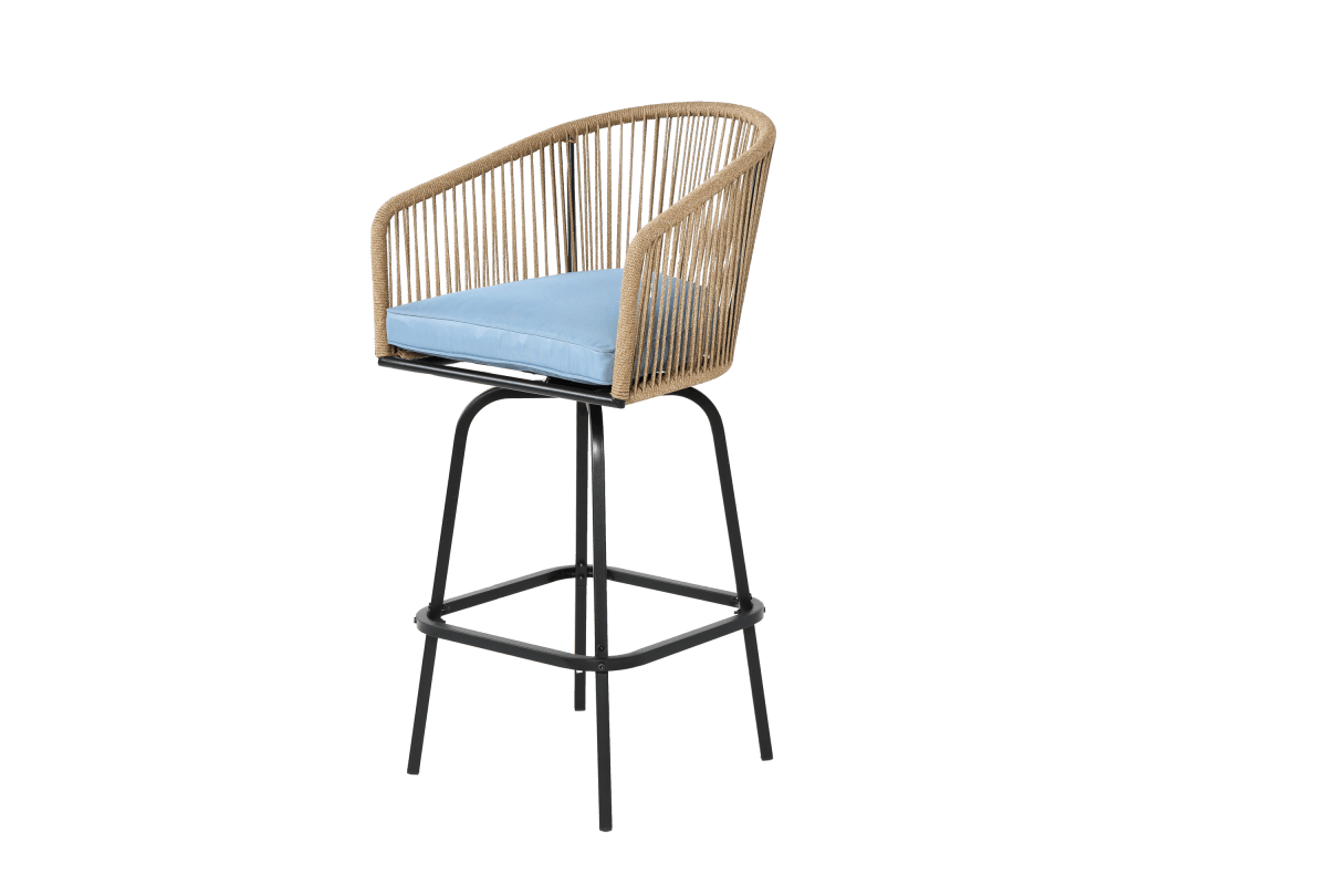 Outdoor Bar Stools Set Of 2 Steel Frame Blue Cushioned Chairs - Restanew - Omega Lifestyles