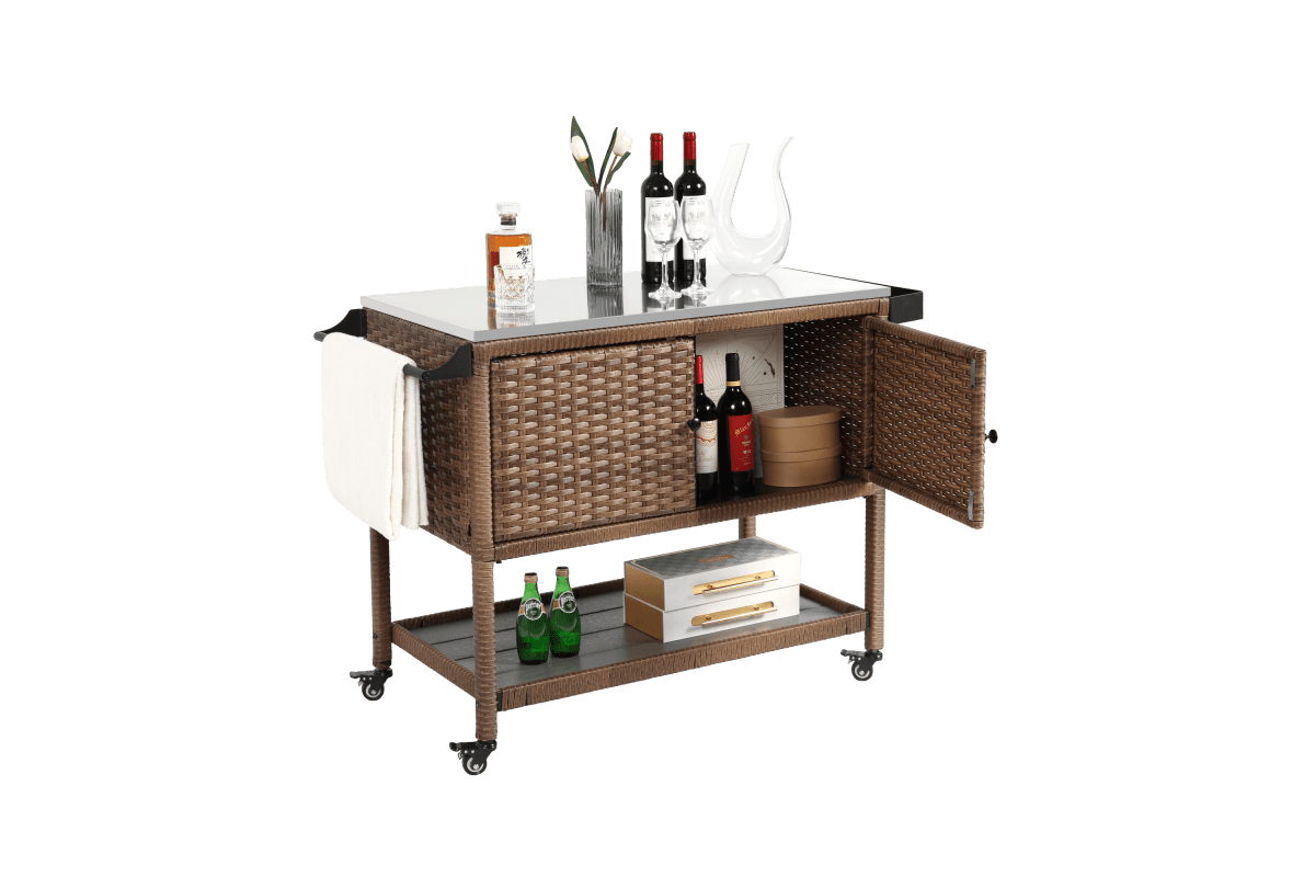 Outdoor Wicker Bar Cart With Stainless Steel Tabletop - Restanew - Omega Lifestyles