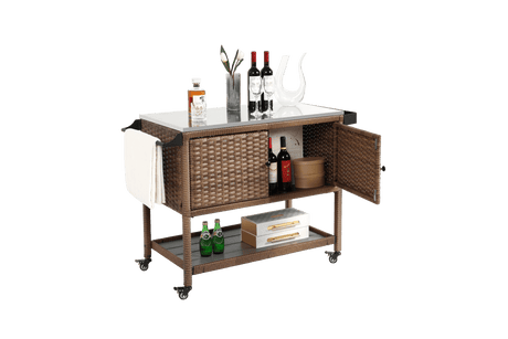 Outdoor Wicker Bar Cart With Stainless Steel Tabletop - Restanew - Omega Lifestyles