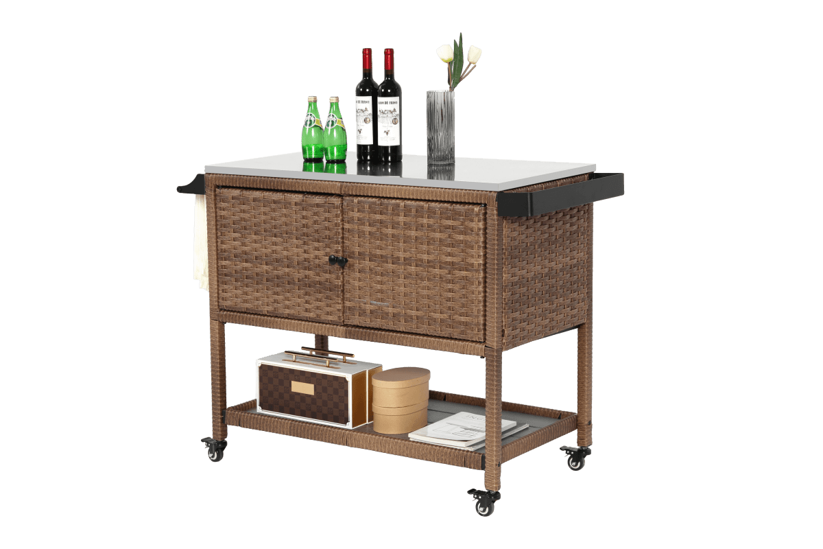 Outdoor Wicker Bar Cart With Stainless Steel Tabletop - Restanew - Omega Lifestyles