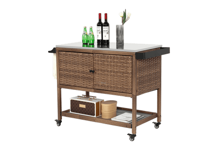 Outdoor Wicker Bar Cart With Stainless Steel Tabletop - Restanew - Omega Lifestyles