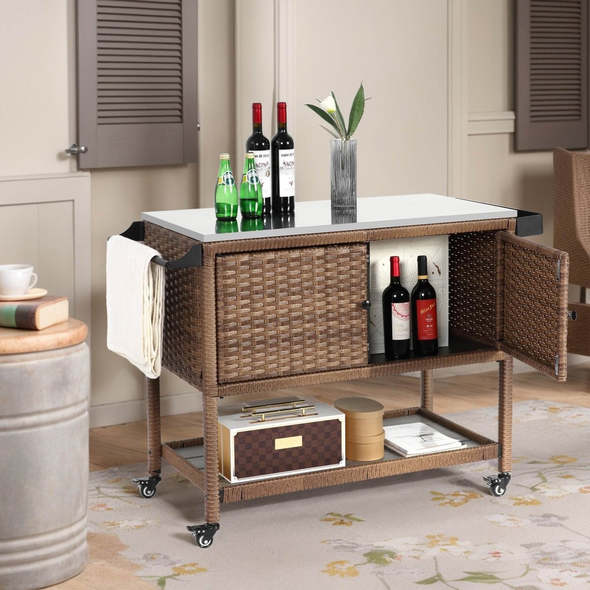Outdoor Wicker Bar Cart With Stainless Steel Tabletop - Restanew - Omega Lifestyles
