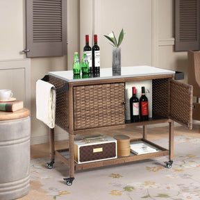 Outdoor Wicker Bar Cart With Stainless Steel Tabletop - Omega Lifestyles
