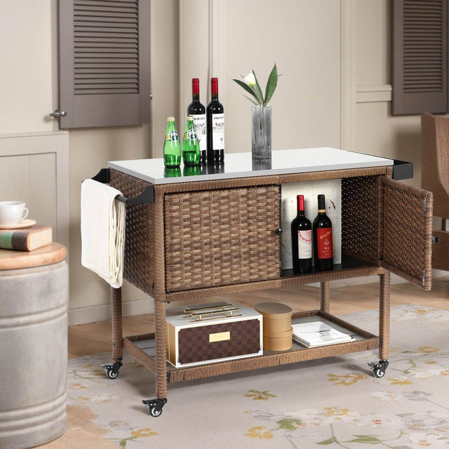 Outdoor Wicker Bar Cart With Stainless Steel Tabletop - Restanew - Omega Lifestyles