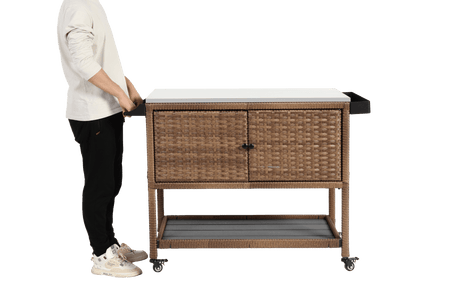 Outdoor Wicker Bar Cart With Stainless Steel Tabletop - Restanew - Omega Lifestyles