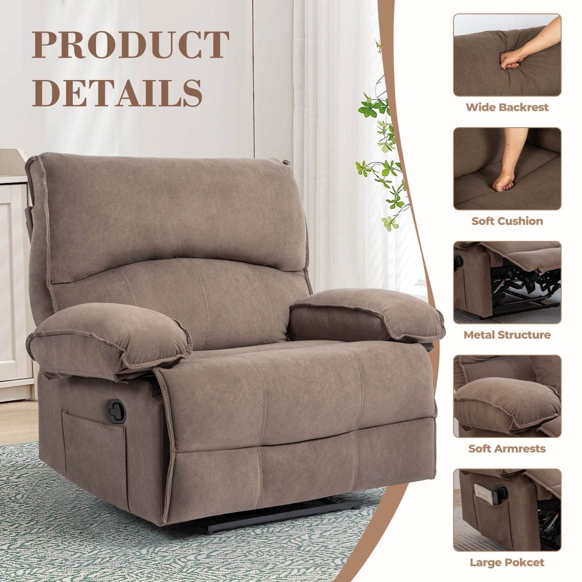 Oversized Soft Velvet Push - Back Recliner Chair With Massage Pillow - Restanew - Omega Lifestyles