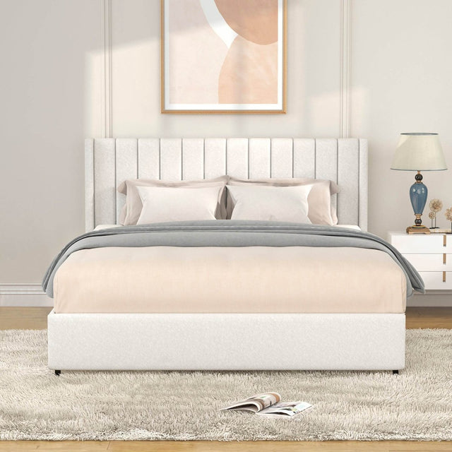 Queen Ivory Boucle Upholstered Platform Bed Frame With Storage - Omega Lifestyles