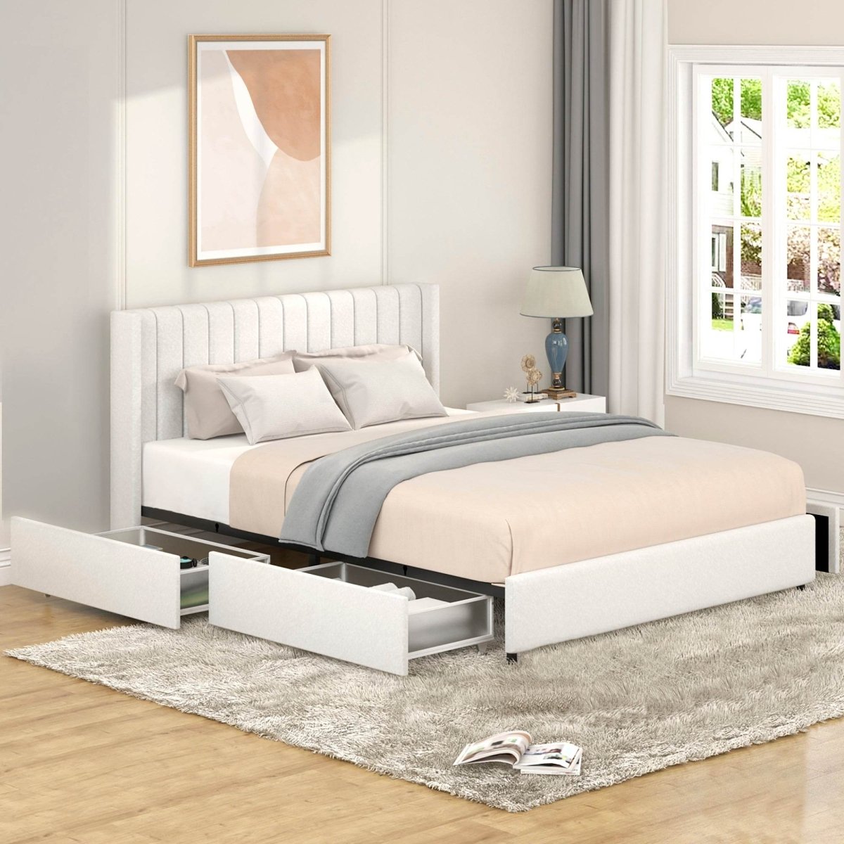 Queen Ivory Boucle Upholstered Platform Bed Frame With Storage - Restanew - Omega Lifestyles