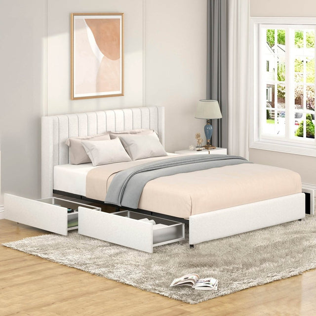 Queen Ivory Boucle Upholstered Platform Bed Frame With Storage - Omega Lifestyles
