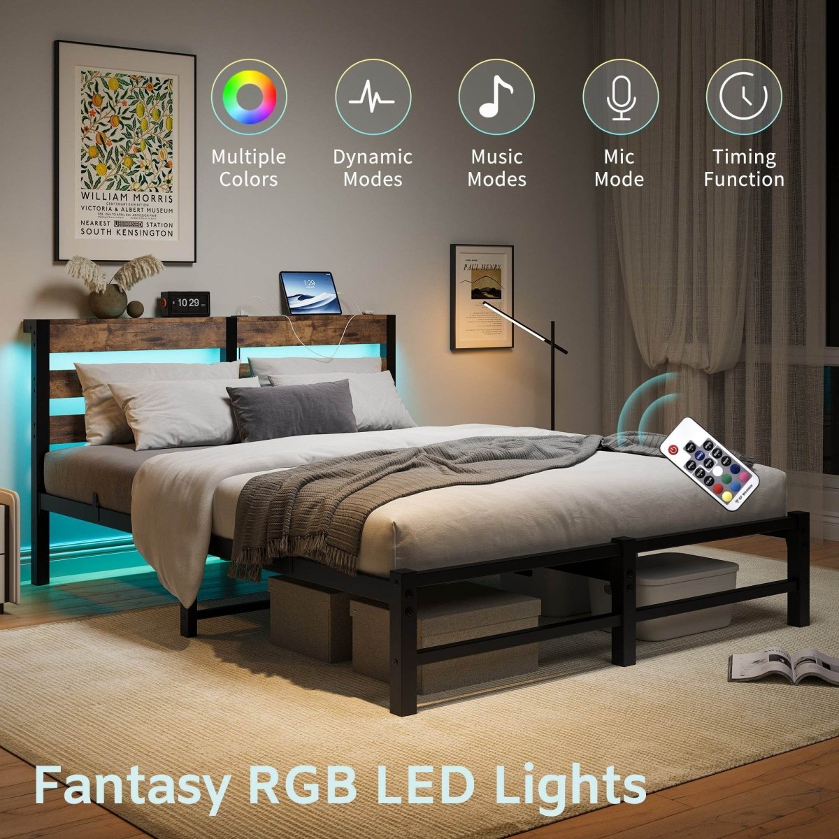Queen Metal And Wood Bed Frame With RGB Lighting - Restanew - Omega Lifestyles