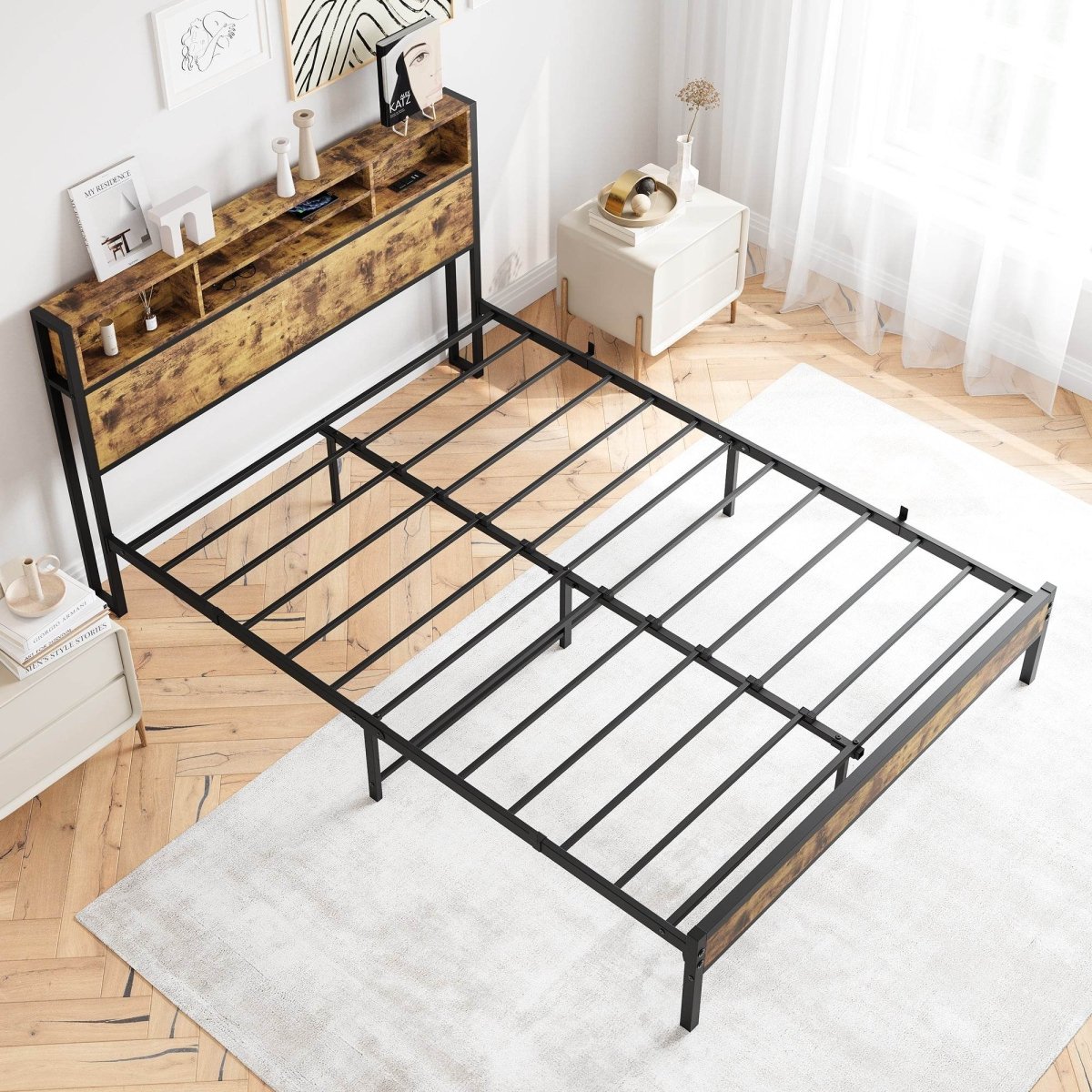 Queen Metal Platform Bed Frame With Charging Station - Restanew - Omega Lifestyles
