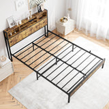 Queen Metal Platform Bed Frame With Charging Station - Restanew - Omega Lifestyles