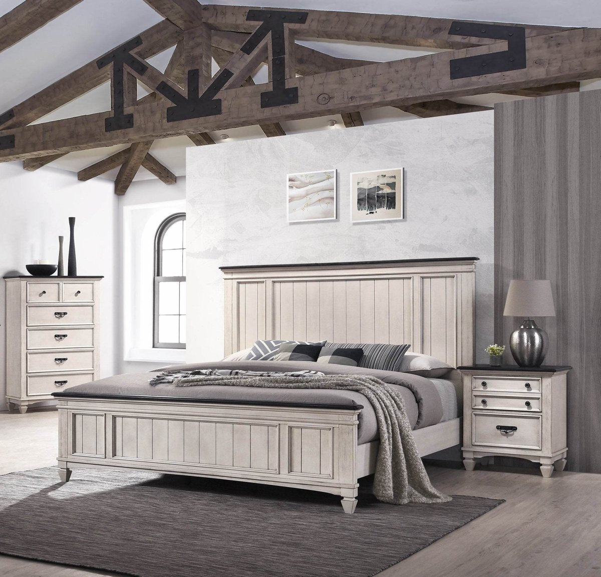 Queen Rustic Two - Tone Wood Panel Bed Frame - Restanew - Omega Lifestyles