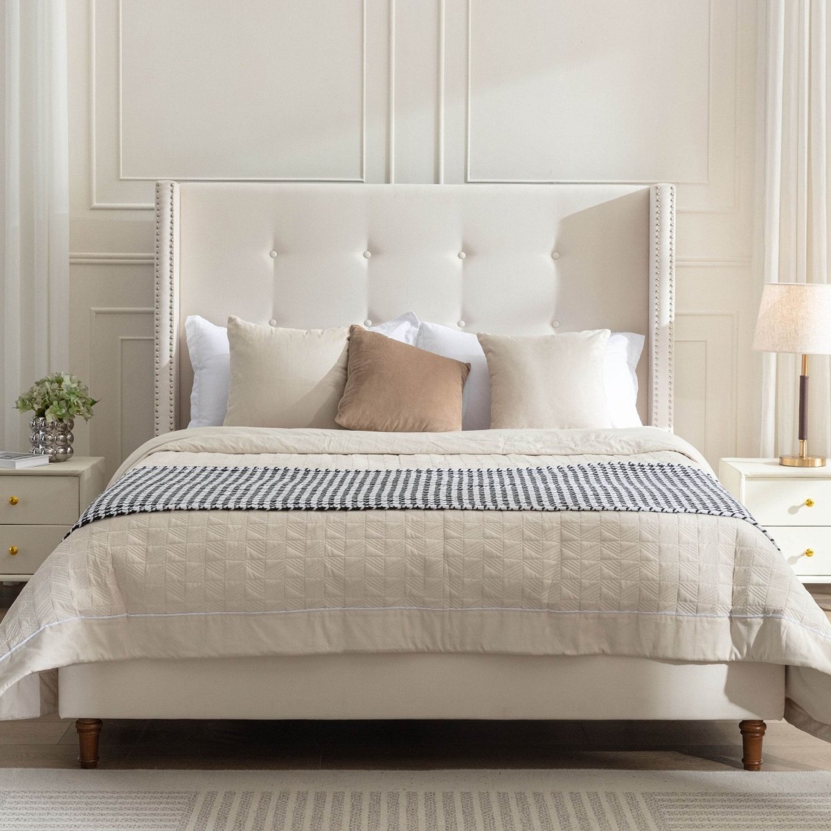 Queen Upholstered Velvet Bed Frame With Nailhead Trim - Restanew - Omega Lifestyles