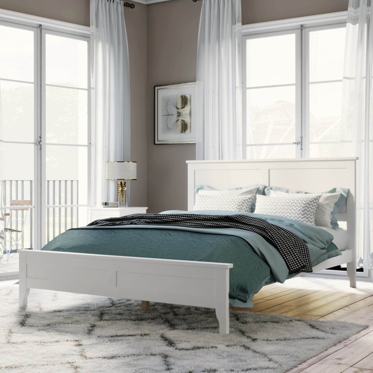 Queen White Solid Wood Pine Platform Bed Frame - Restanew - Omega Lifestyles
