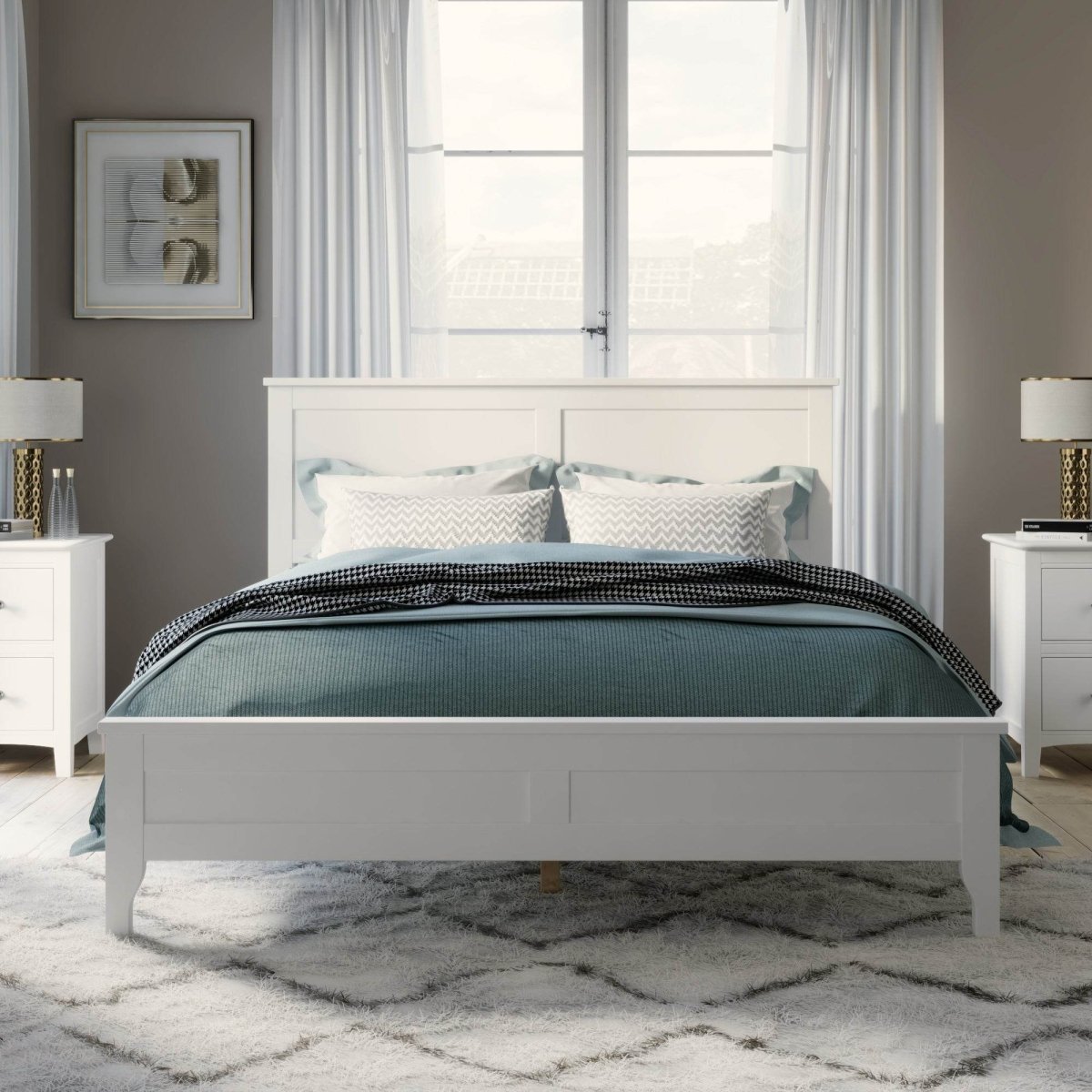 Queen White Solid Wood Pine Platform Bed Frame - Restanew - Omega Lifestyles