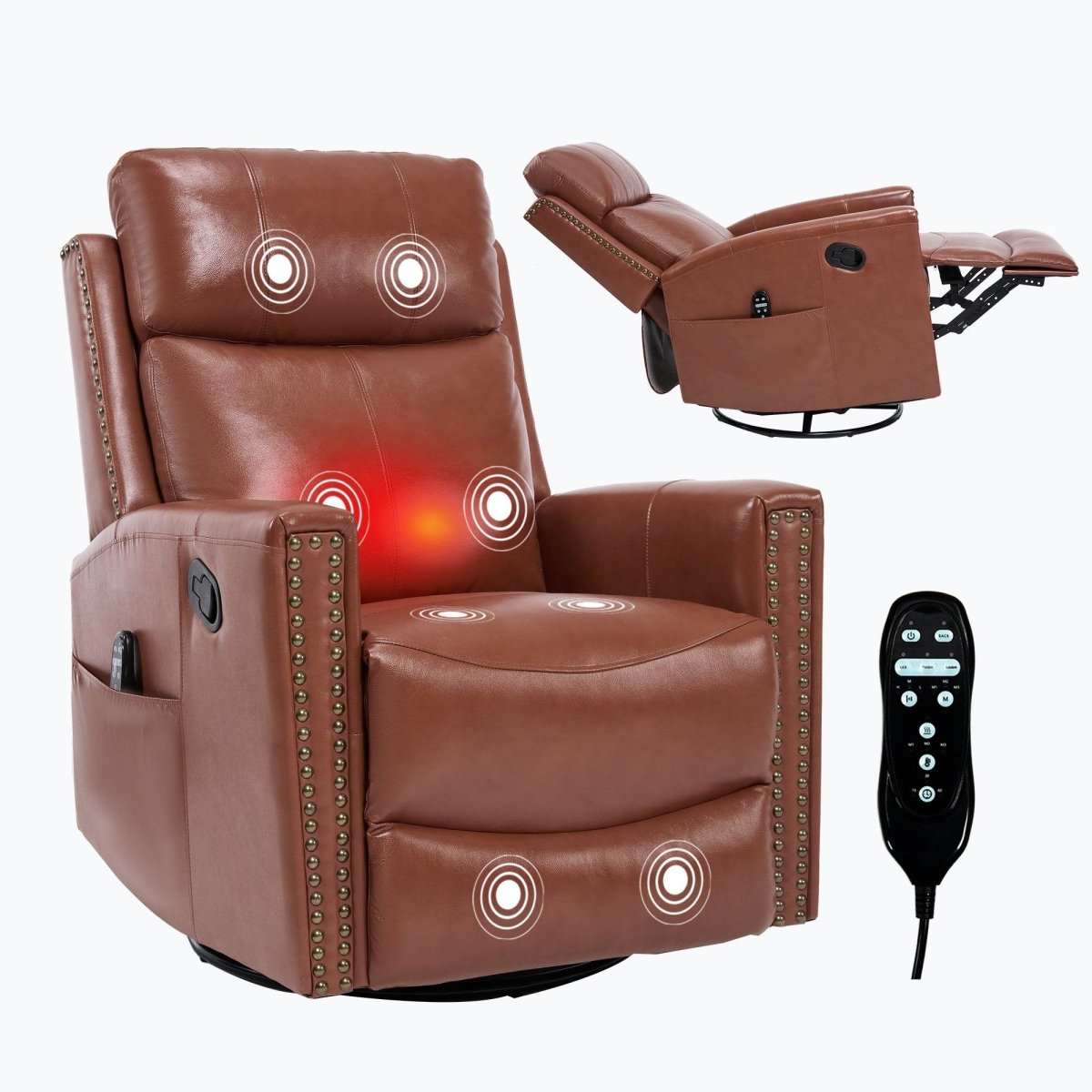 Red Genuine Leather Heat Massage Swivel Rocker Recliner Chair - Restanew - Omega Lifestyles