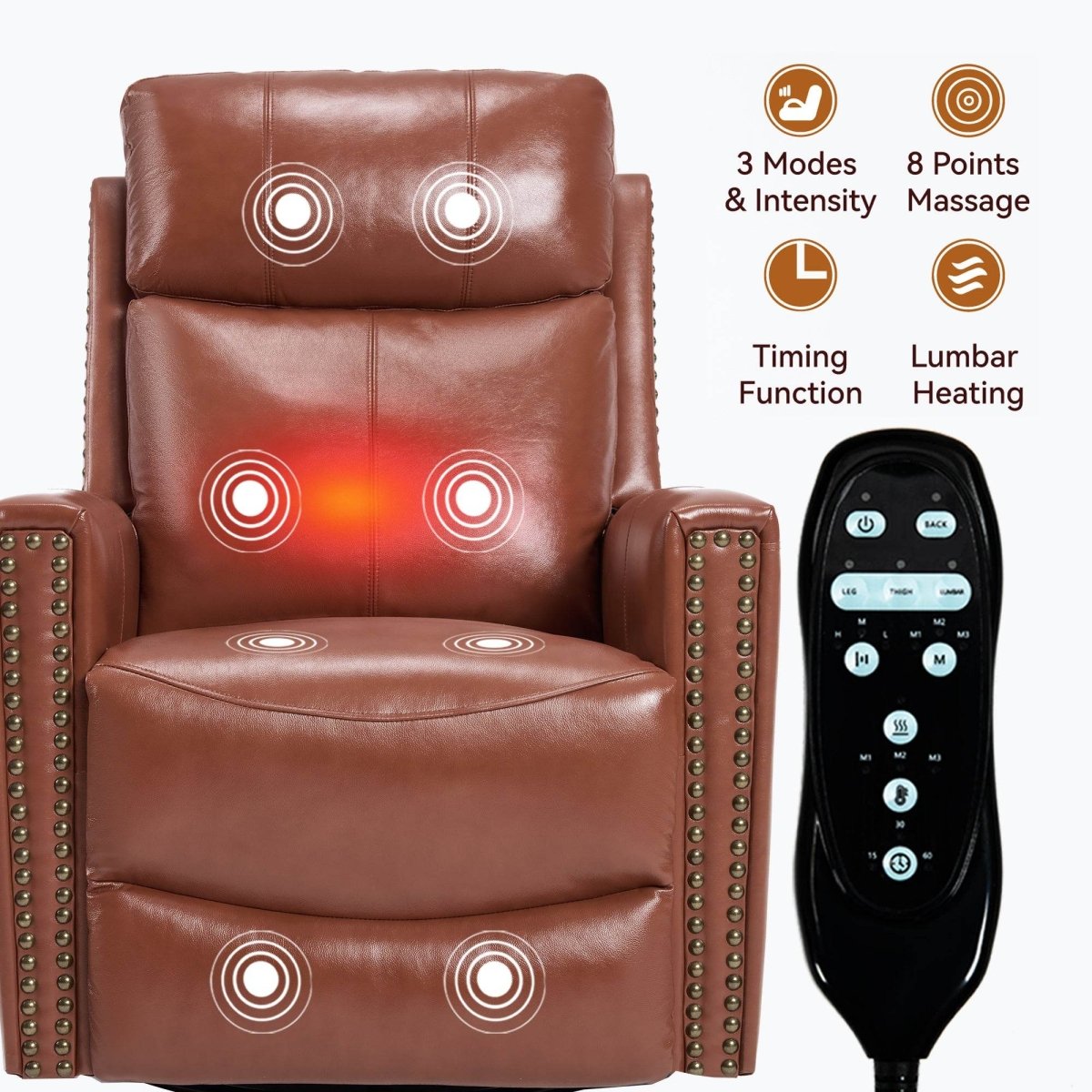 Red Genuine Leather Heat Massage Swivel Rocker Recliner Chair - Restanew - Omega Lifestyles
