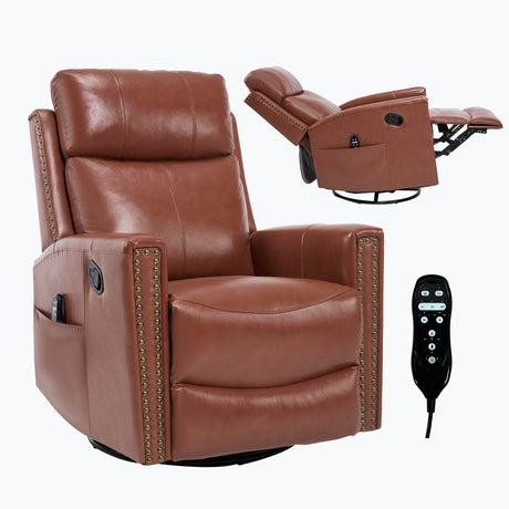 Red Genuine Leather Heat Massage Swivel Rocker Recliner Chair - Restanew - Omega Lifestyles