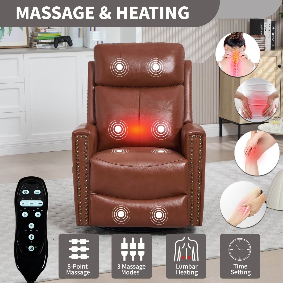 Red Genuine Leather Heat Massage Swivel Rocker Recliner Chair - Restanew - Omega Lifestyles