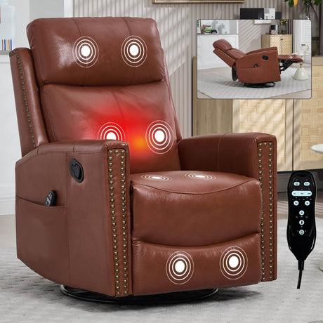 Red Genuine Leather Heat Massage Swivel Rocker Recliner Chair - Restanew - Omega Lifestyles