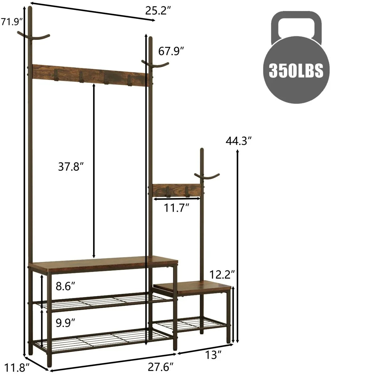 Rustic Brown Engineered Wood Hall Tree Coat Rack Bench - Omega Lifestyles