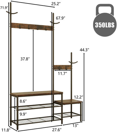Rustic Brown Engineered Wood Hall Tree Coat Rack Bench - Omega Lifestyles