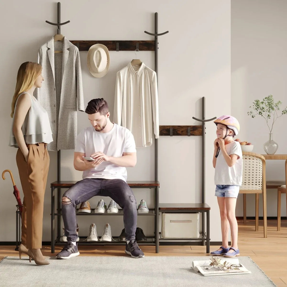 Rustic Brown Engineered Wood Hall Tree Coat Rack Bench - Omega Lifestyles