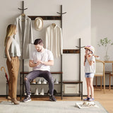 Rustic Brown Engineered Wood Hall Tree Coat Rack Bench - Omega Lifestyles