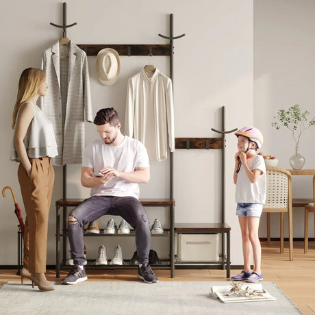 Rustic Brown Engineered Wood Hall Tree Coat Rack Bench - Omega Lifestyles