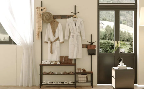 Rustic Brown Engineered Wood Hall Tree Coat Rack Bench - Omega Lifestyles