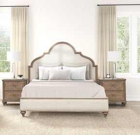 Rustic Oak Upholstered Bed Frame And Nightstands Set - Omega Lifestyles