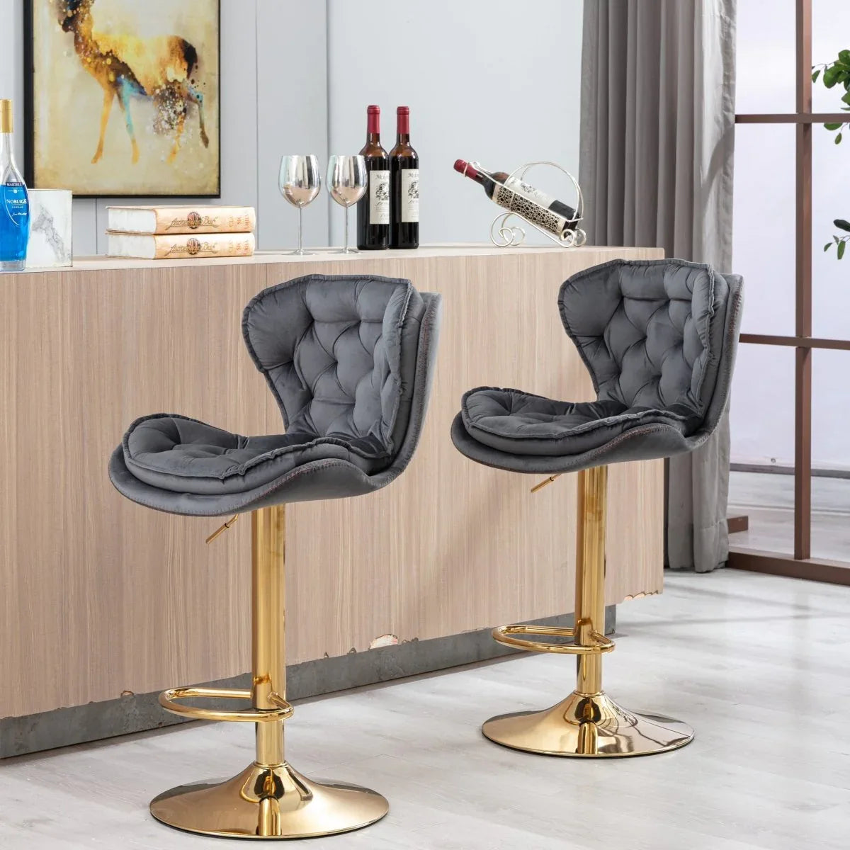 Set Of 2 Height Adjustable Velvet Fabric Bar Stools - Omega Lifestyles