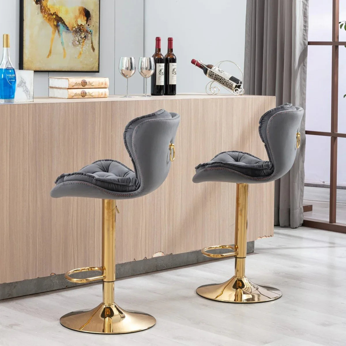 Set Of 2 Height Adjustable Velvet Fabric Bar Stools - Omega Lifestyles