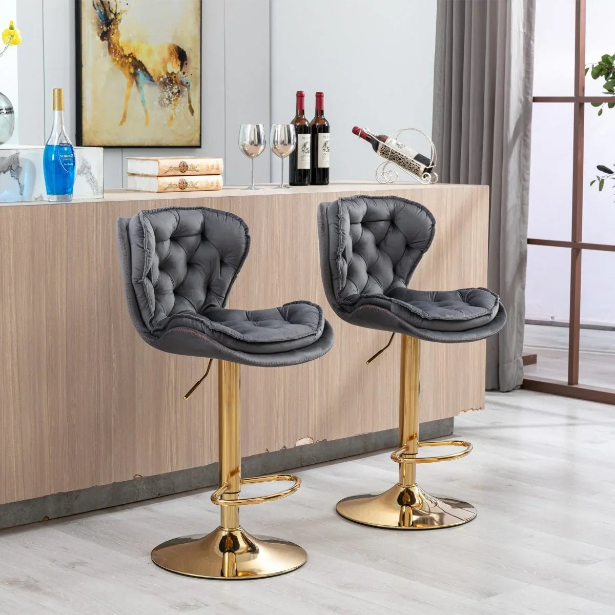 Set Of 2 Height Adjustable Velvet Fabric Bar Stools - Omega Lifestyles