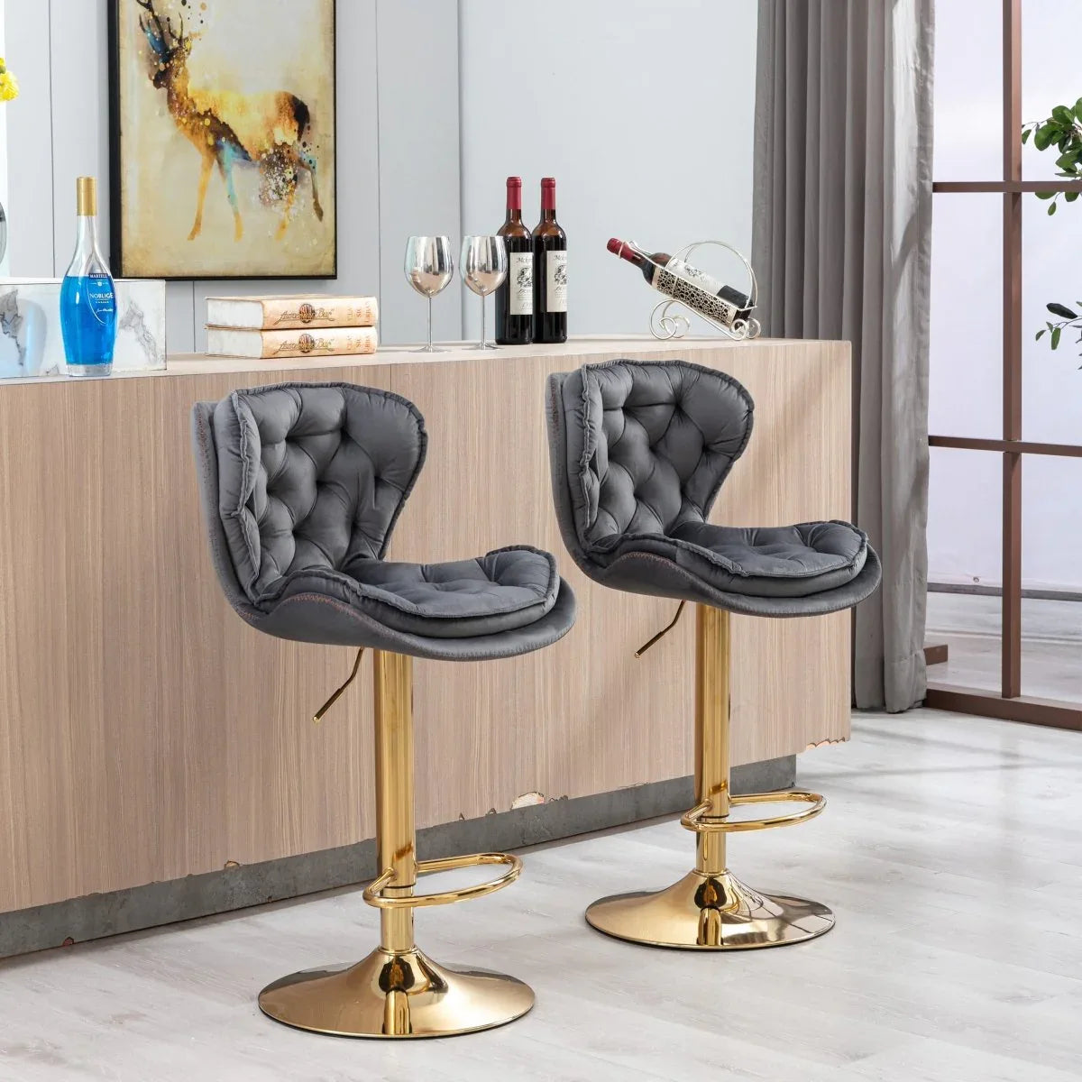 Set Of 2 Height Adjustable Velvet Fabric Bar Stools - Omega Lifestyles