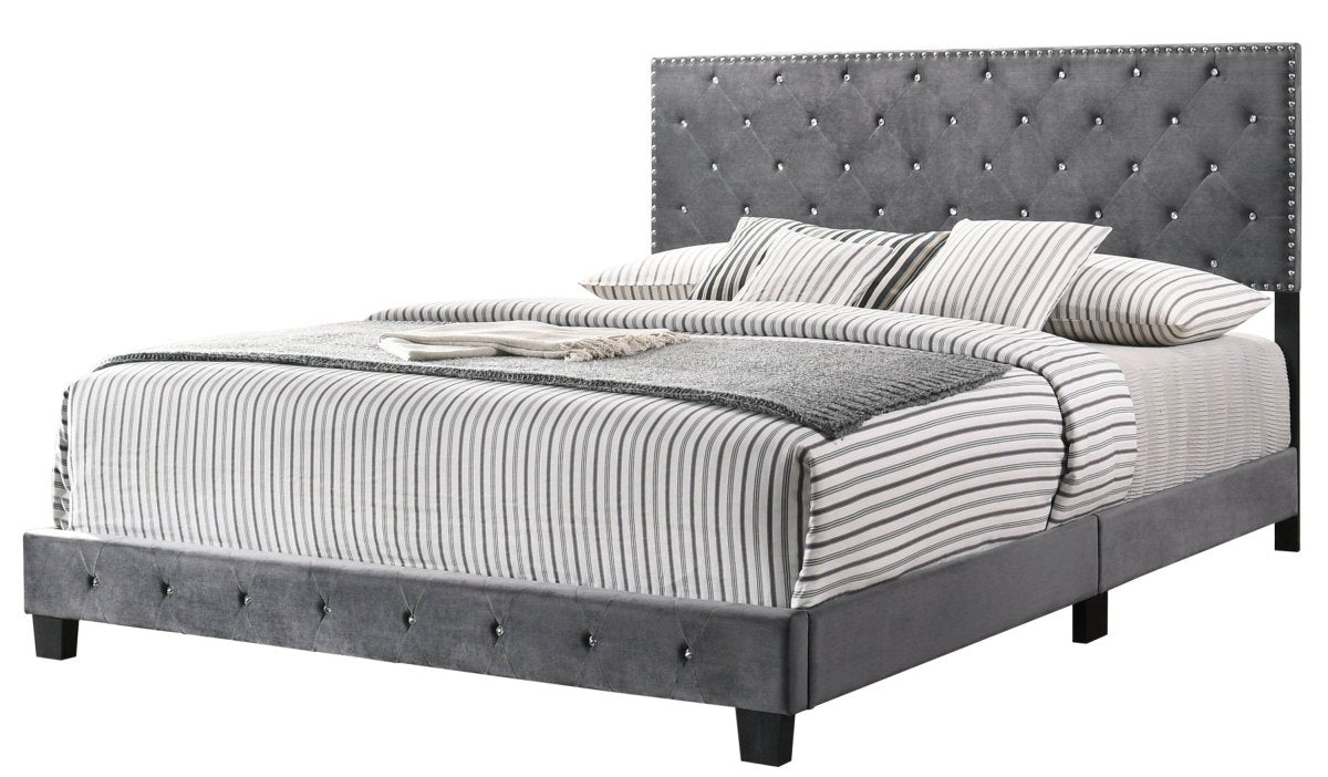 Transitional Gray Velvet King Bed Frame with Foam Upholstery - Restanew - Omega Lifestyles