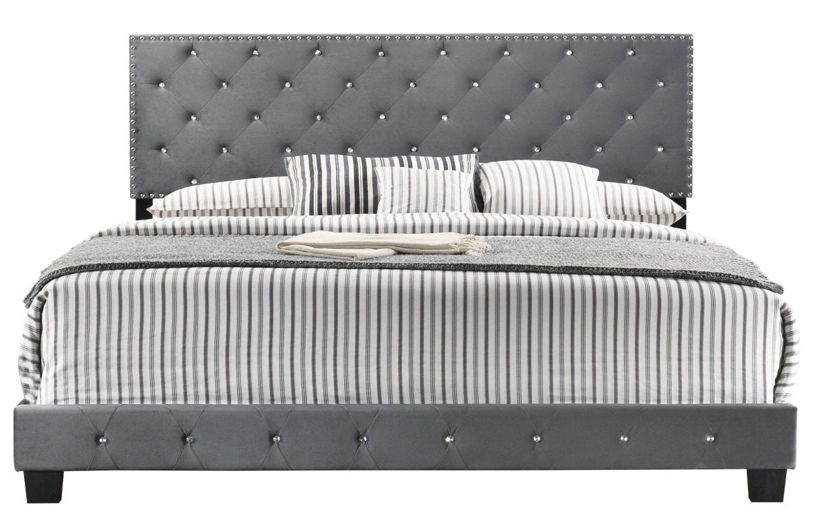 Transitional Gray Velvet King Bed Frame with Foam Upholstery - Restanew - Omega Lifestyles