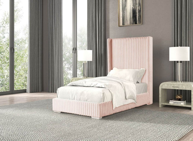 Twin Contemporary Pink Chenille Upholstered Mattress Ready Bed Frame - Restanew - Omega Lifestyles